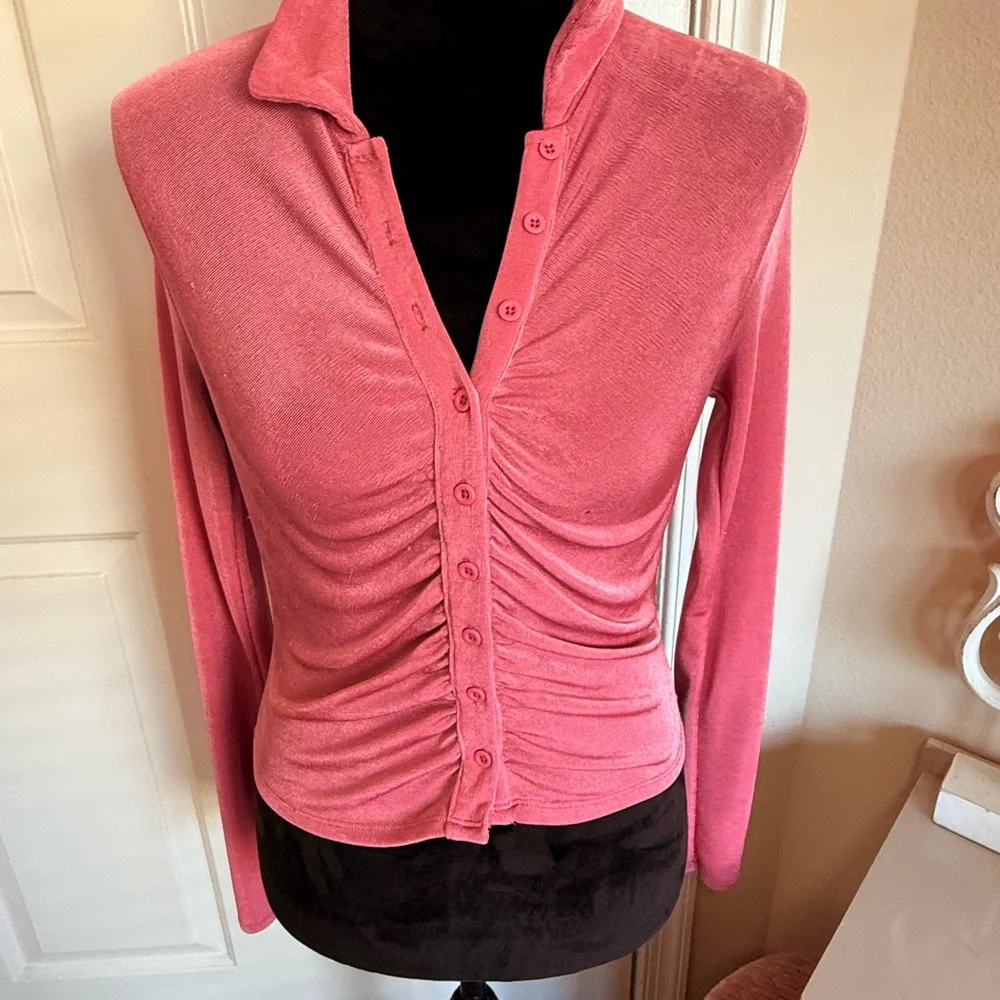 Pink Ruched Button-Up Top - Picture 4 of 14